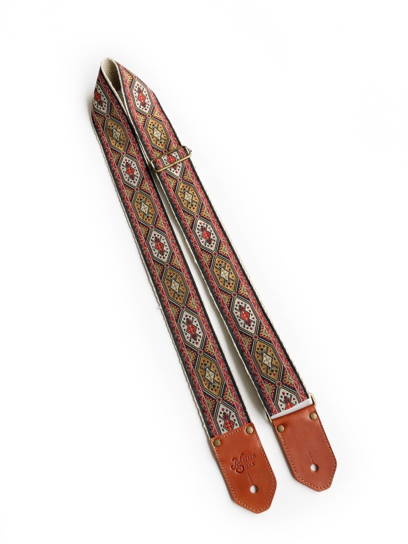 The Nomad Guitar Strap Red and Deep Golden Yellow on Black wit abstract animal motif, custom leather 2 inch hemp or Nylon guitar strap image 2