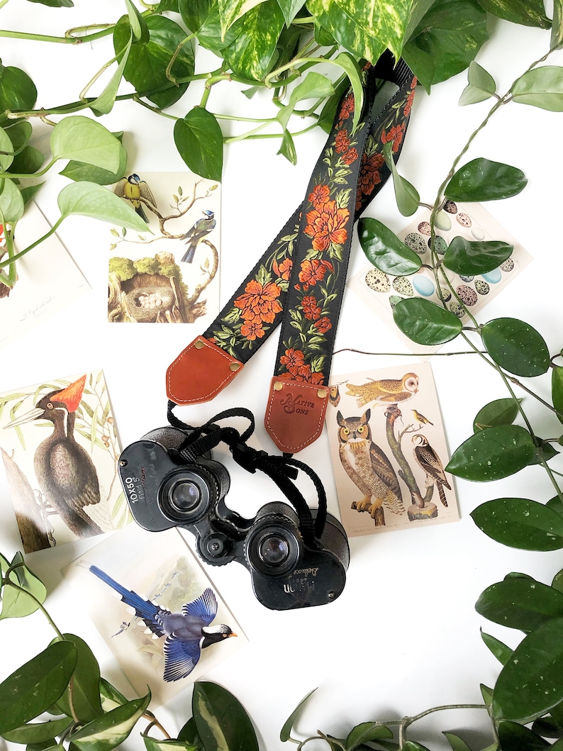 The Copper Penny Camera Strap by Native Sons Copper Orange Black and Green floral embroidered, for Binocular, Nylon or hemp camera, 2 inch image 3