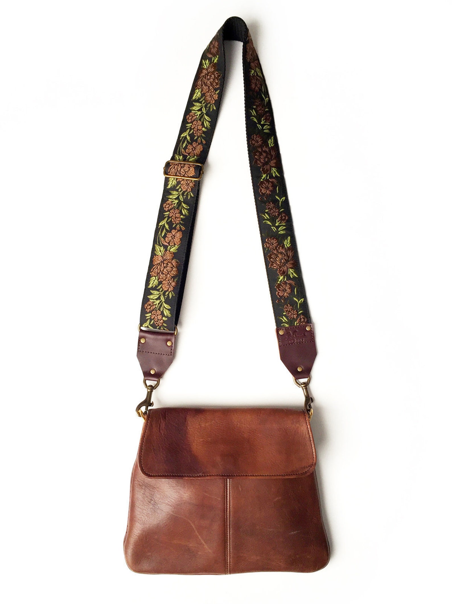 The Weston Guitar Style Bag Strap Brown Black & Green Floral Etsy