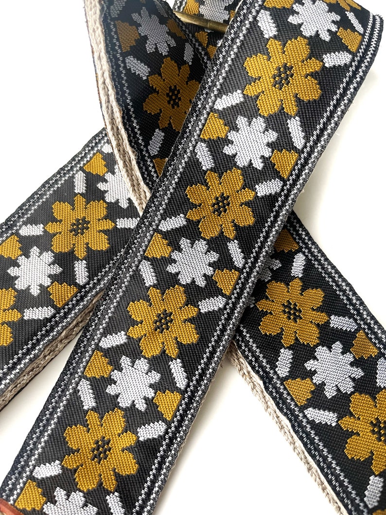 The Rambler in Black Guitar Strap by Native Sons Vintage Yellow harvest Gold and white on black best bass guitar strap in hemp or nylon image 2