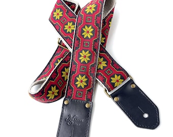 The Polaris Guitar Strap - by Native Sons Divine yellow stars with Red accents on Black Background