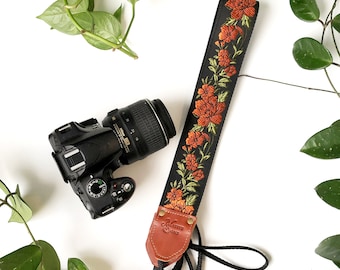 The Copper Penny Camera Strap by Native Sons - Copper Orange Black and Green floral embroidered, for Binocular, Nylon or hemp camera, 2 inch