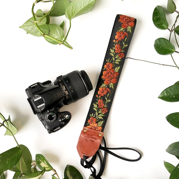 Der Copper Penny Kameragurt von Native Sons - Kupfer Orange Schwarz und Grün floral bestickt, für Fernglas, Nylon oder Hanf-Kamera, 5 cm