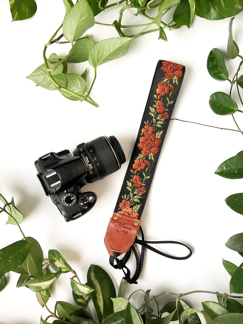 The Copper Penny Camera Strap by Native Sons Copper Orange Black and Green floral embroidered, for Binocular, Nylon or hemp camera, 2 inch image 1