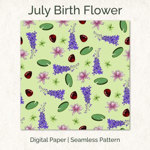July Birth Flower Digital Paper | Larkspur Waterlily Seamless Pattern | Ruby Scrapbook Paper | Birthday Background