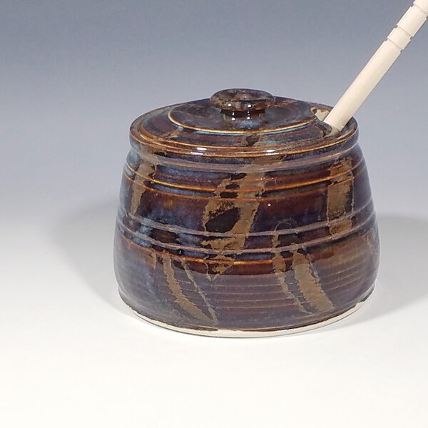 Handmade Pottery Lidded Honey Jar, Ceramic Sugar Bowl, Rustic, Handmade Honey Pot With Dipper, Wheel Thrown