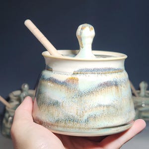 Hand-thrown Pottery Lidded Honey Jar, Ceramic Sugar Bowl, Rustic, Handmade Honey Pot With Dipper, Wheel Thrown, Each