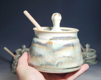 Hand-thrown Pottery Lidded Honey Jar, Ceramic Sugar Bowl, Rustic, Handmade Honey Pot With Dipper, Wheel Thrown, Each