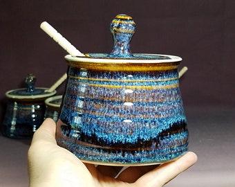 Hand-thrown Pottery Lidded Honey Jar, Ceramic Sugar Bowl, Rustic, Handmade Honey Pot With Dipper, Wheel Thrown, Each