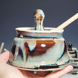 Hand-thrown Pottery Lidded Honey Jar, Ceramic Sugar Bowl, Rustic, Handmade Honey Pot With Dipper, Wheel Thrown, Each
