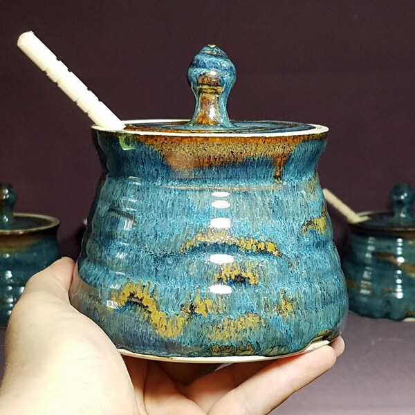 Handmade Pottery Lidded Honey Jar, Ceramic Sugar Bowl, Rustic, Handmade Honey Pot With Dipper, Wheel Thrown, Each