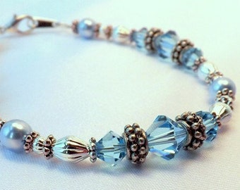 ブルークリスタルビーズ＆ガラスパールシルバーブレスレット
