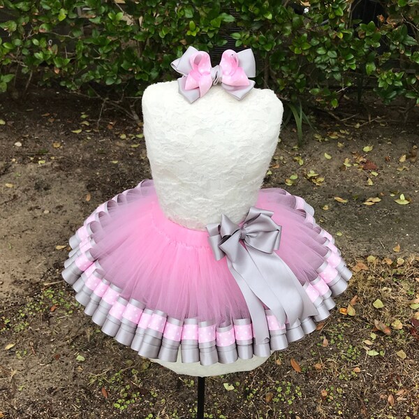 3 Layers ribbon trimmed tutu ~~~  pink tulle with sliver satin  ribbon and pink polkadots ribbon trimmed  tutu with free matching bow