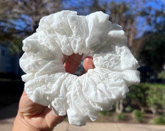 White Eyelet Jumbo Scrunchie: Embroidered Cotton Hair Accessory
