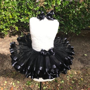 Black tulle with satin ribbon trimmed tutu, free matching hairbow ,27 colors