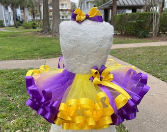 Ribbon Trimmed Tulle Tutu with Matching Bow - Purple and Yellow