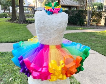 Rainbow colors tulle with satin ribbon trimmed tutu, free matching hairbow ,27 colors