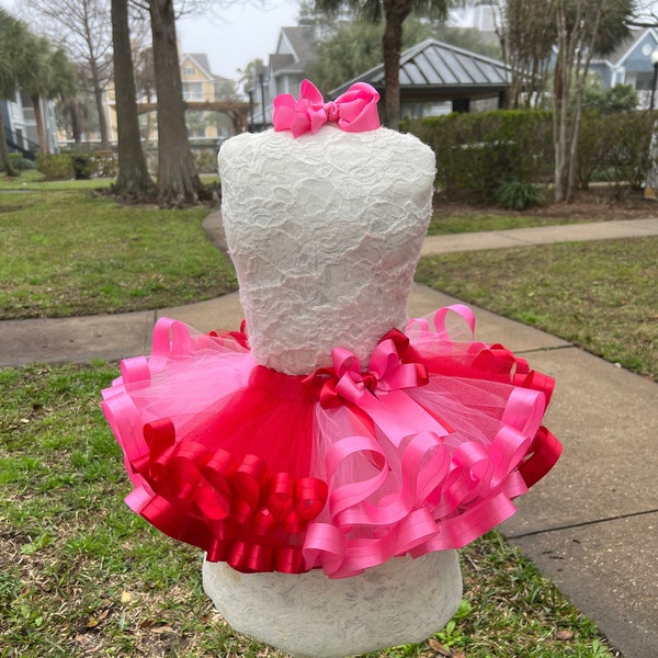 Red and hot pink tulle mixed ribbon trimmed tutu, 27 colors