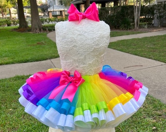 Rainbow colors tulle with satin ribbon trimmed tutu and free matching bow