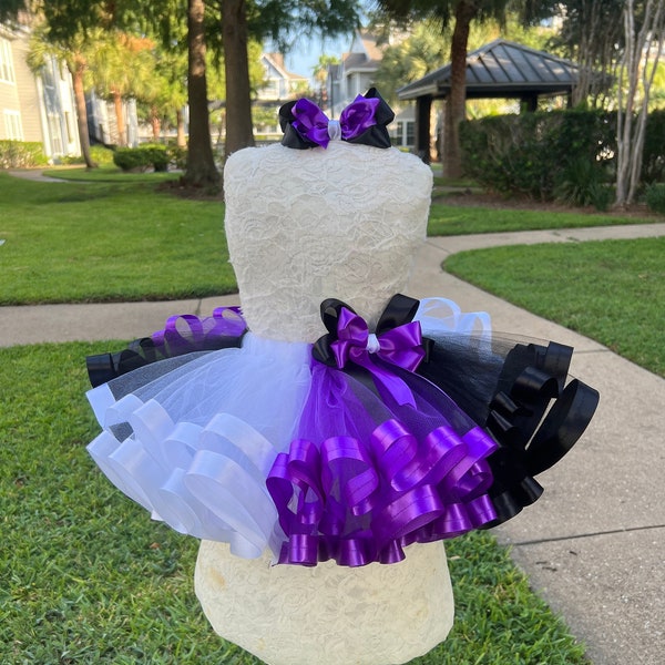 Purple, white and black mixed tulle with satin ribbon trimmed tutu and free matching bow, 27 colors