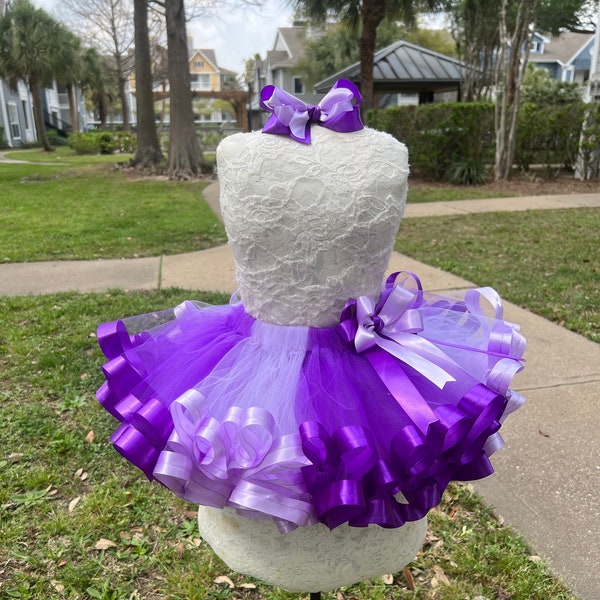 Purple and Lavender  mixed tulle with satin ribbon trimmed tutu and free matching bow, 27 colors