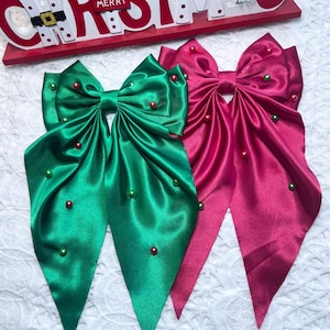 Christmas Satin Bow: Long Tail Clip, Red or Green