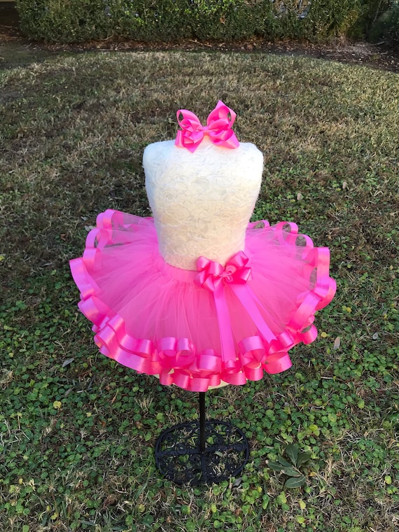 Hot Pink Tulle With Satin Ribbon Trimmed Tutu, Free Matching