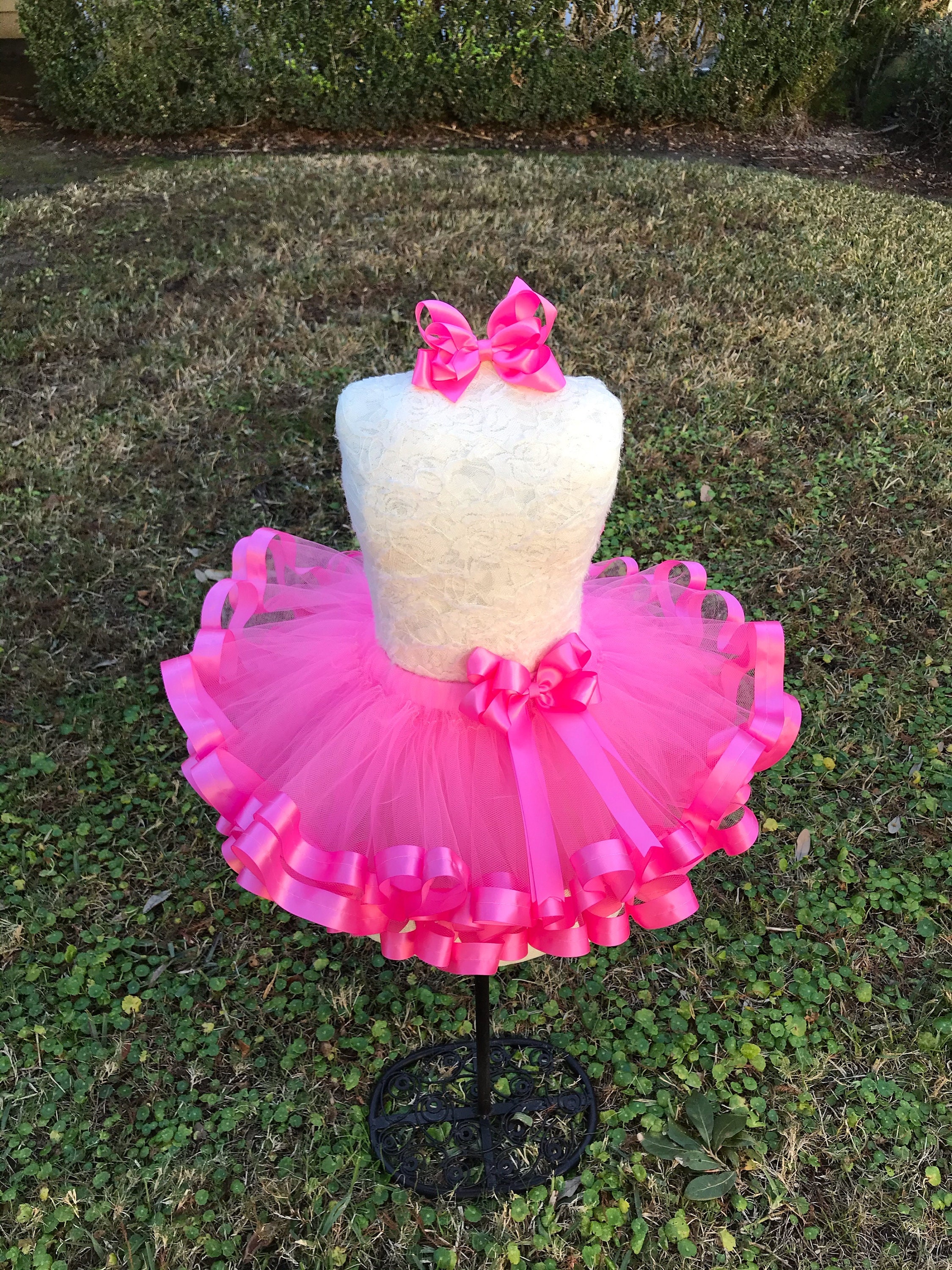 Hot Pink Tulle With Satin Ribbon Trimmed Tutu, Free Matching