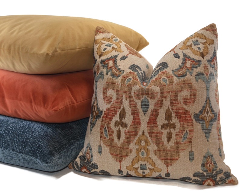 Throw Pillow Cover Brown Rust Blue Teal & Gold Chenille Etsy