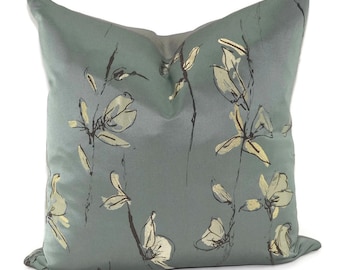 Blue/Gray, Off White & Tan Floral Throw Pillow Cover, 20x20