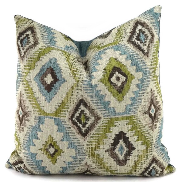 Tribal pillows, Aqua, Brown, Green & Beige Woven Ikat Throw Pillow Cover, 20x20, Moroccan Throw Pillow, Ikat Medallion Design Pillow Cover