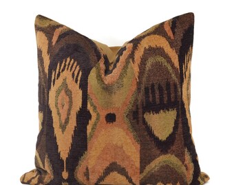 Tribal Ikat Chenille Throw Pillow Cover, Moroccan Pillow Cover, 20x20, Chocolate Brown, Camel Pillow Cover, Shades of brown, boho pillows