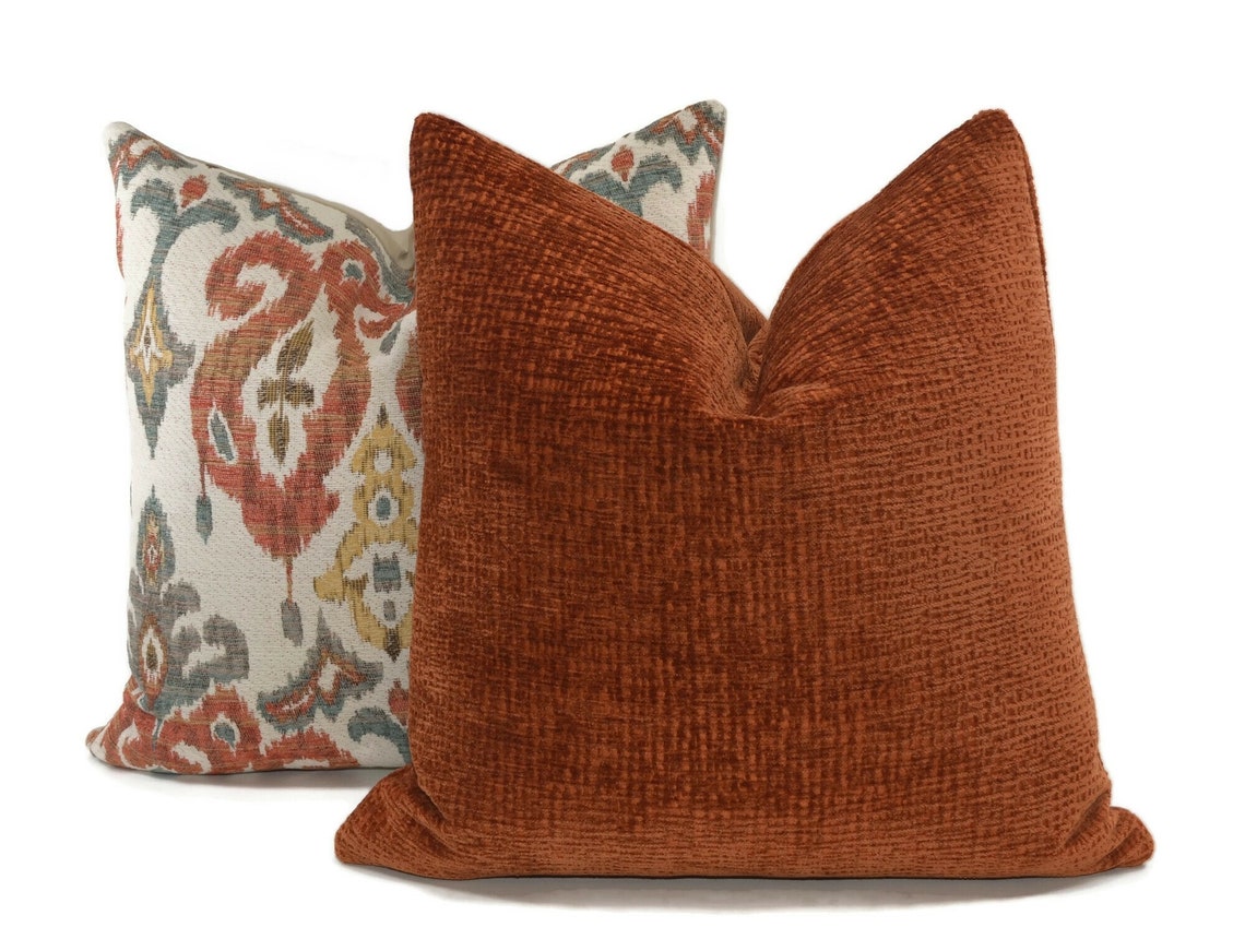Sienna Chenille Throw Pillow Cover Boho Burnt Orange Rust Etsy