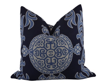 Navy Throw Pillow Cover, 19.5x20, Thibaut Halie Navy Fabric, Navy Medallion Pillow Cover, Blue Throw Pillow Covers