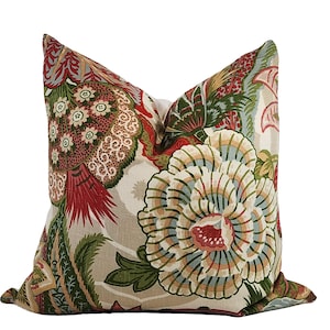 Tropical Linen Floral Print in Red, Pink, Coral, Green Throw Pillow Cover, 22x22, Schumacher Zanzibar Melon