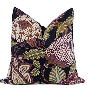 Black Floral Throw Pillow Cover: Plum Green Linen, 22x22