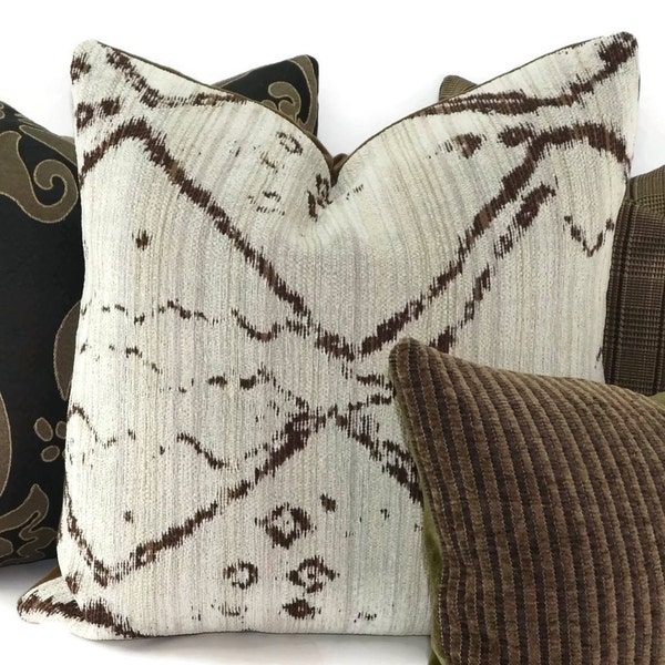 Natural, Beige & Brown Chenille Ikat Throw Pillow Cover, 18x18, 20x20, 22x22, 24x24, Moroccan Pillow Covers