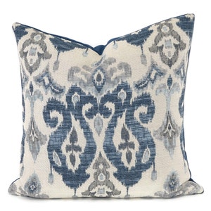 Moroccan Ikat Throw Pillow Cover, Blue, Gray, Beige Chenille Ikat Throw Pillow Cover, Farmhouse, Boho Pillow Cover, Bohemian, 20x20