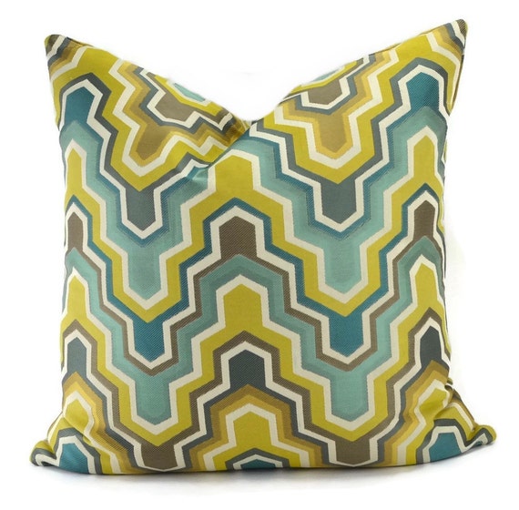 Teal Green Yellow Brown Cream Chevron Ikat Throw Pillow Etsy