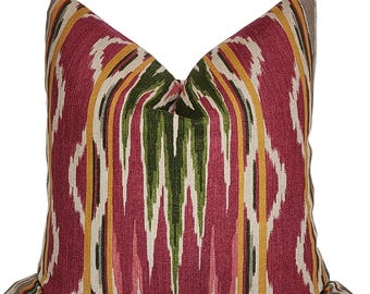 Pink, Green, Gold Linen Ikat Throw Pillow Cover, Colorful Ikat Toss Pillow Cover, 22x22