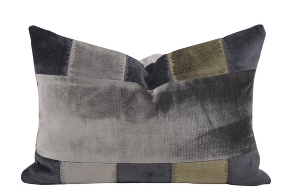 Gray and Taupe Striped Color Block Throw Pillow W INSERT INCLUDED, 12x16,  Boho Pillows, Gray Stripe Velvet Pillow, Modern Throw Pillow 