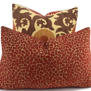 Throw Pillow Cover, Red & Gold Chenille Animal Print Lumbar Pillow Cover, MULTIPLE SIZES AVAILABLE, Red Cheetah Chenille