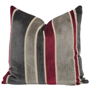 Gray & Berry Velvet Stripe Throw Pillow Cover, Shades of Gray and Berry Striped Velvet Pillow Cover, Colorful Velvet Pillow Coverage