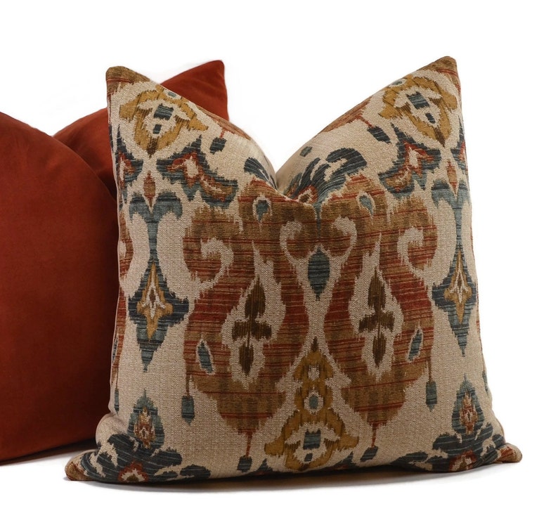 Throw Pillow Cover Brown Rust Blue Teal & Gold Chenille Etsy