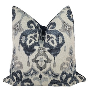 Moroccan Blue Throw Pillow Cover, MULTIPLE SIZES, Blue & Gray Chenille Pillow Cover, Turkish Design Chenille, Tribal Pillow