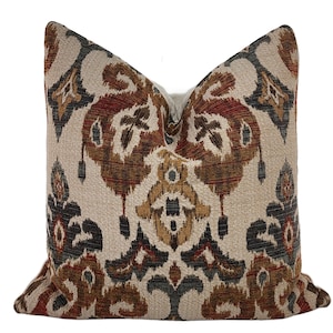 Moroccan Ikat Throw Pillow Cover, Rust, Teal Chenille Pillow Cover, Turkish chenille, Orange blue pillow, Multiple Sizes Available