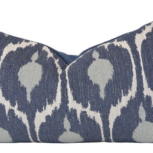 Blue Ikat Pillow Cover, 14x22, Bohemian Dark Blue/ Gray Chenille Ikat Cover, Moroccan pillow, Farmhouse decor, Modern Rustic Decor