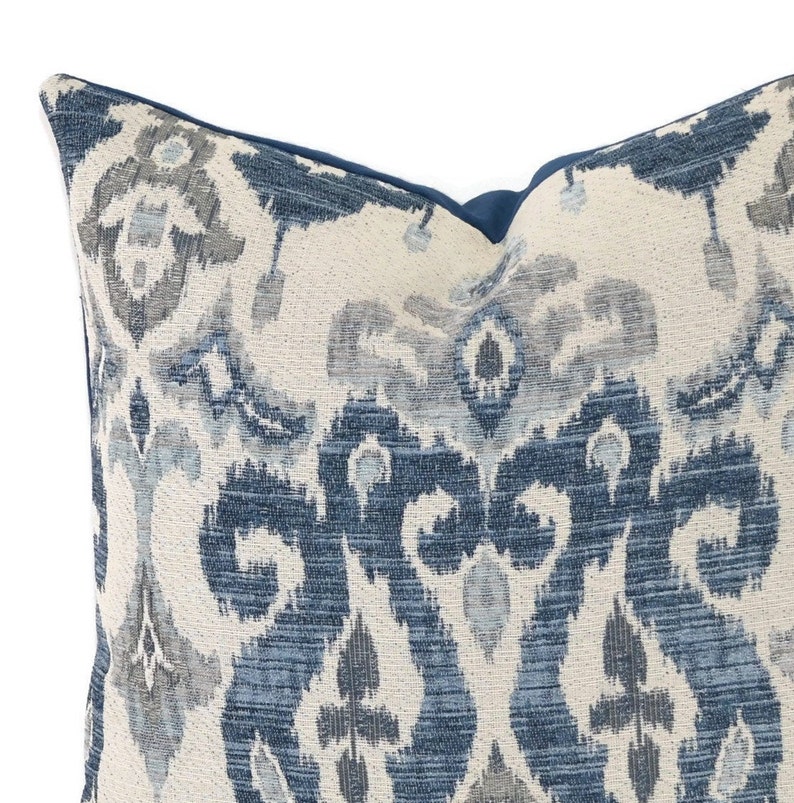 Moroccan Ikat Throw Pillow Cover Blue Gray Beige Chenille Etsy