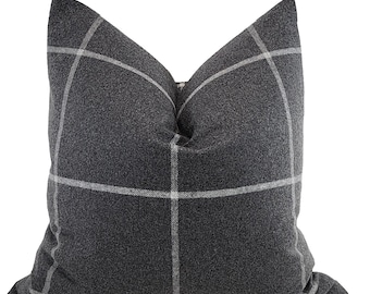 Charcoal Gray Wool Flannel Plaid Throw Pillow Cover, 20x20, Classic Menswear Plaid Pillow Cover, Fall Home Decor