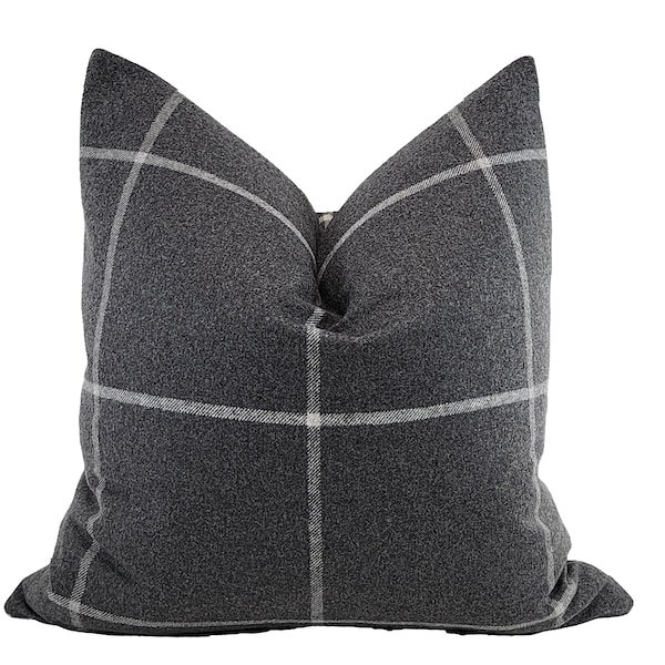 Charcoal Gray Wool Flannel Plaid Throw Pillow Cover, 20x20, Classic Menswear Plaid Pillow Cover, Fall Home Decor